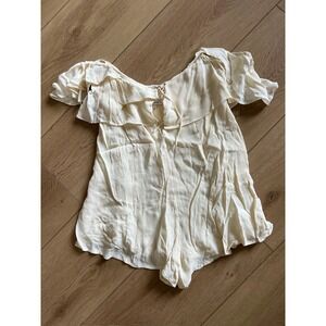 Privacy‎ Please Cream Ruffle Off Shoulder Tie Neck Blouse Top Size S